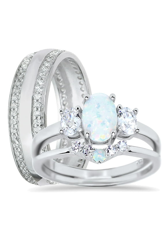 Wedding Ring Set His Hers Sterling Silver Opal CZ Engagement TRIO Set Him Her 5/11