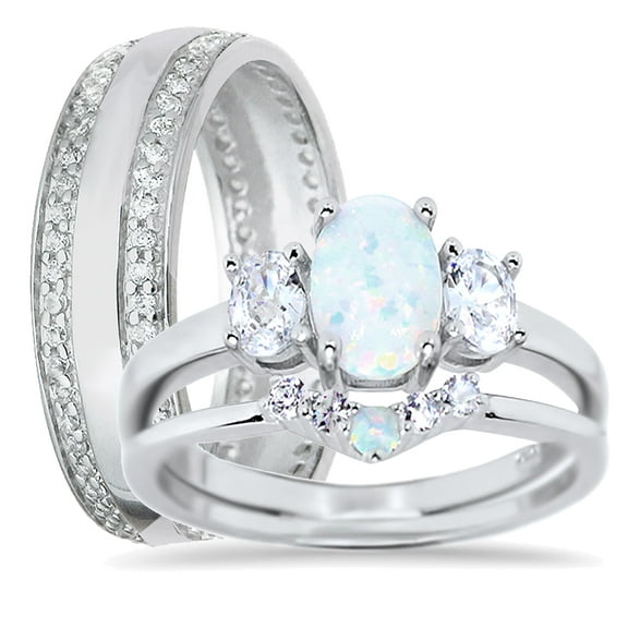 LaRaso & Co Wedding Ring Set His Hers Sterling Silver Opal CZ Engagement TRIO Set Him Her 5/9
