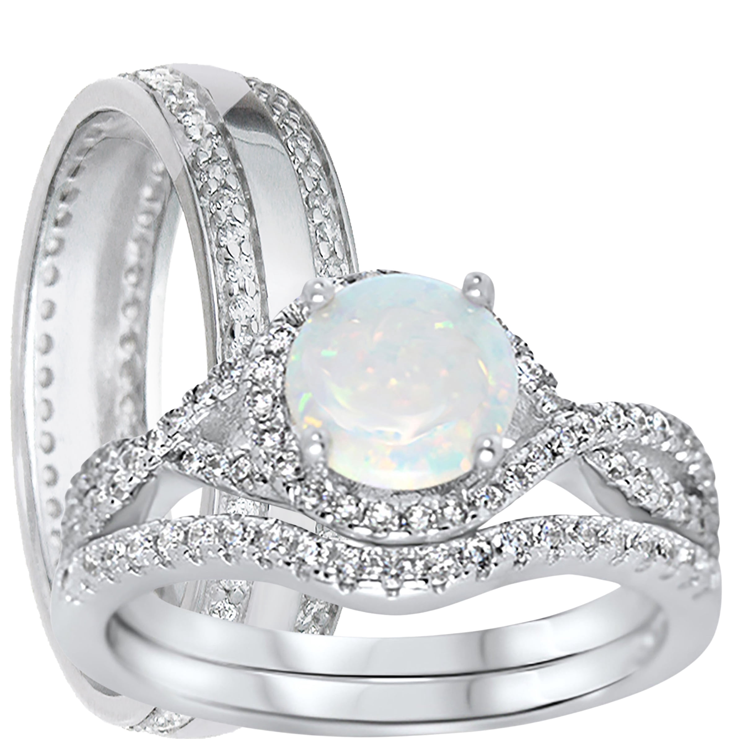 LaRaso & Co His Hers TRIO Wedding Ring Set Sterling Silver Opal CZ