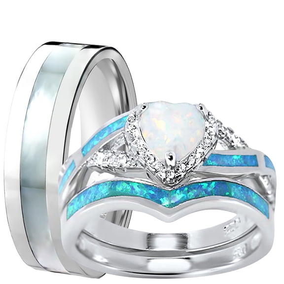 LaRaso & Co Wedding Ring Set His Hers Sterling Silver Opal CZ Engagement TRIO Set Him Her 8/12