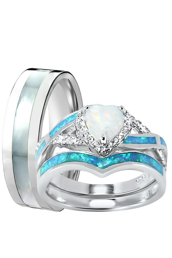 Wedding Ring Set His Hers Sterling Silver Opal CZ Engagement TRIO Set Him Her 9/12