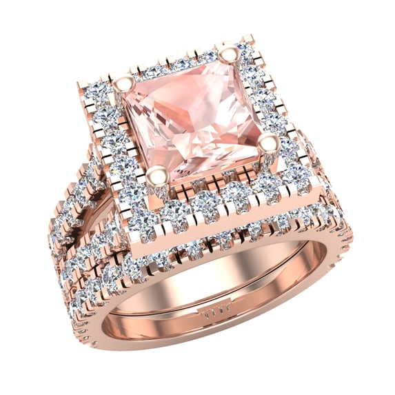 Wedding Ring Set for Women 14K Rose Gold Asscher Cut Pink Morganite Halo Rings Split Shank (I,I1)
