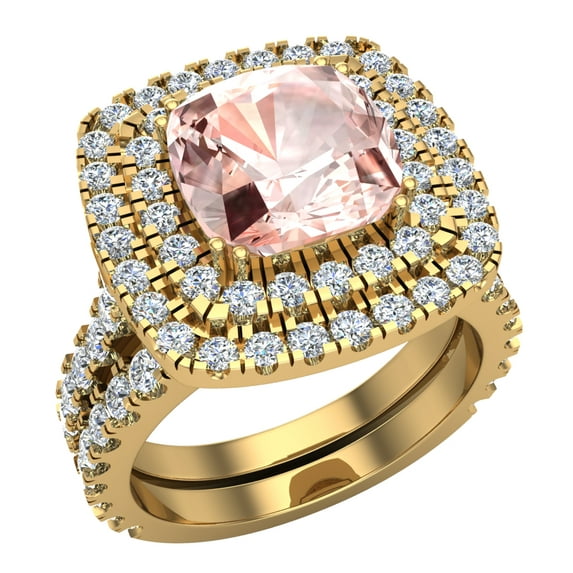 Wedding Ring Set for Women Cushion Cut Morganite Double Halo Diamond Ring 18K Gold 3.80 Carat (G,VS1)