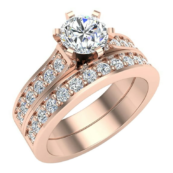 Wedding Ring Set for Women Gift Box Authenticity Cards 14K Rose Gold w/Band 1.50 CT (G, SI)