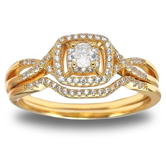 Wedding Ring Set for Women Halo CZ Sterling Silver Engagement Ring and Matching Band Ginger Lyne Collection