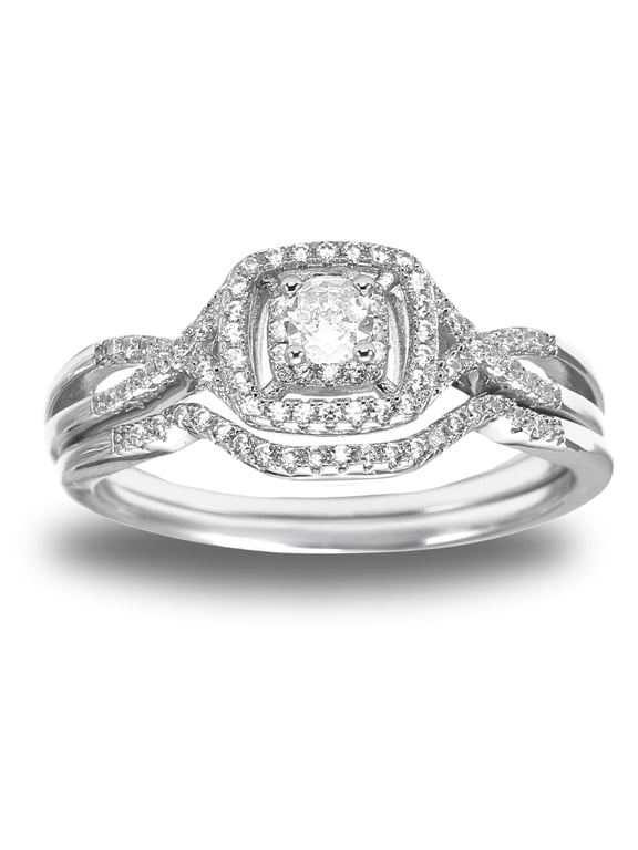 Wedding Ring Set for Women Halo CZ Sterling Silver Engagement Ring and Matching Band Ginger Lyne Collection
