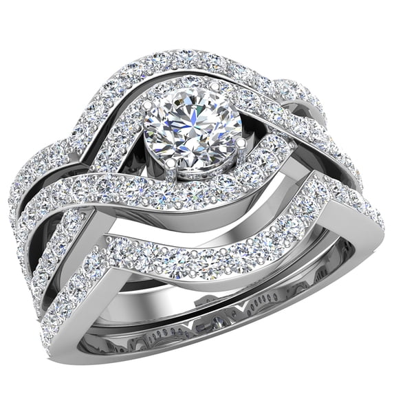 Wedding Ring Set for Women Round Brilliant Solitaire Engagement Ring With Enhancer Wedding Bands Criss Cross Shank 14K White Gold 1.20 Carat (G,I1)