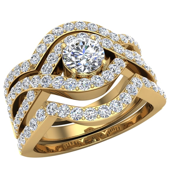 Wedding Ring Set for Women Round Brilliant Solitaire Engagement Ring with Enhancer Wedding Bands Criss Cross Shank 14K Gold 1.20 Carat (H,SI1)