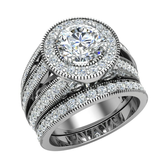 Wedding Ring Set for Women Round Cut Halo Diamond Rings 14K White Gold 3.20 Carat (Moissanite Center)