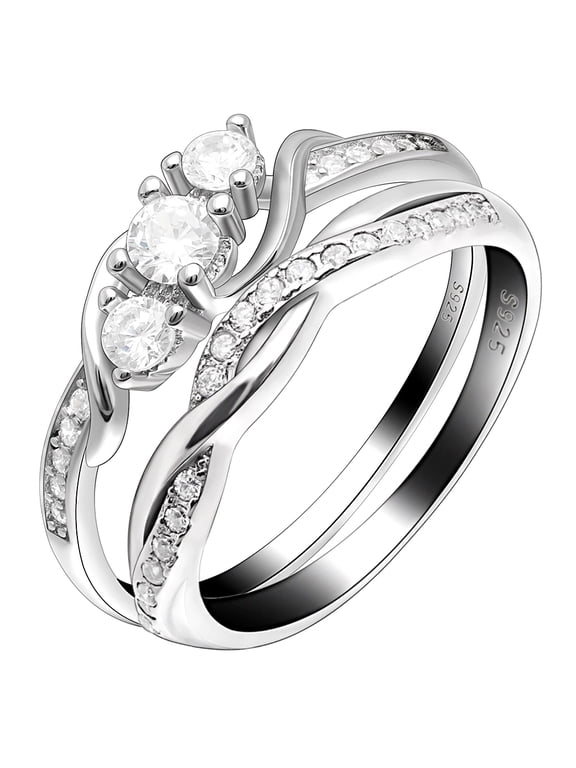 Wedding Ring Set for Women Sterling Silver 3 Stone Engagement Ring Ginger Lyne Collection
