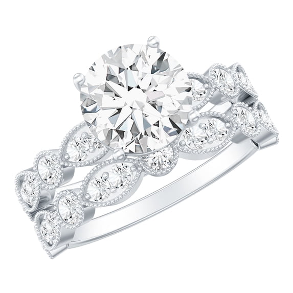 Rosec Jewels Certified Moissanite Engagement Wedding Ring Set for Women (D-VS1 Grade) - 2 Carat Moissanite Ring with Side Stones, 10K White Gold, US 5.50