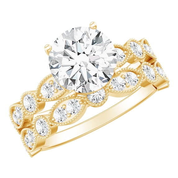 Rosec Jewels Certified Moissanite Engagement Wedding Ring Set for Women (D-VS1 Grade) - 2 Carat Moissanite Ring with Side Stones, 18K Yellow Gold, US 4.50