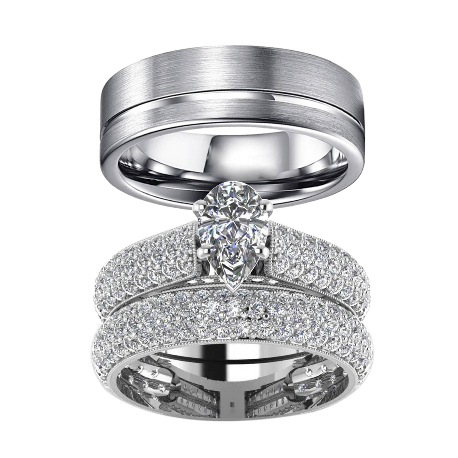 Newshe Wedding Rings Set for His and Hers Women Mens Tungsten Wedding Bands Round Cz 3Ct ...