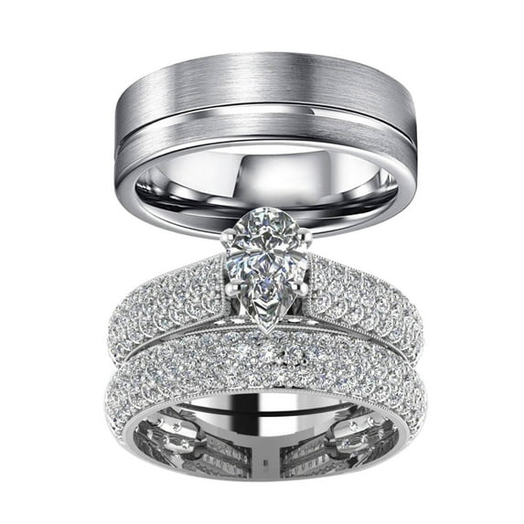 Wedding Ring Sets Couples Rings 10kt White Gold Plated White Cz Titanium band 3pc