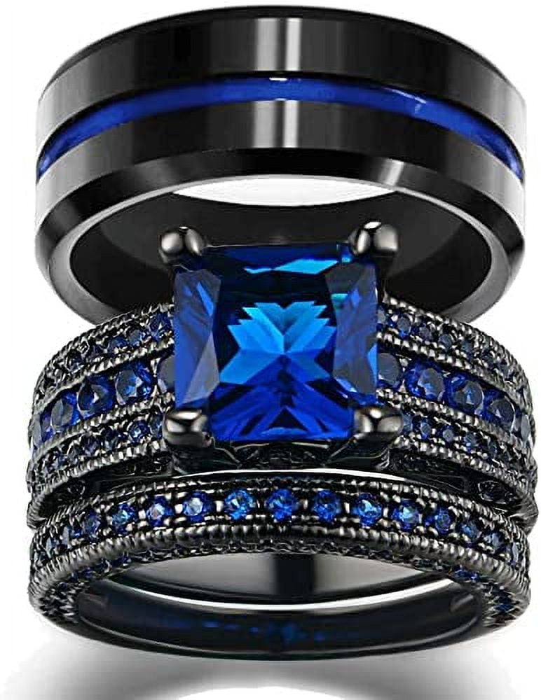 His and Hers Wedding Ring Sets Couples Rings Women 10K Black Gold Filled Blue Cz Wedding Engagement Ring Bridal Sets Men's Stainless Steel Wedding Band