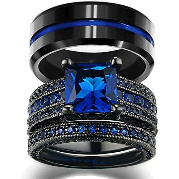 His and Hers Wedding Ring Sets Couples Rings Women 10K Black Gold Filled Blue Cz Wedding Engagement Ring Bridal Sets Men's Stainless Steel Wedding Band