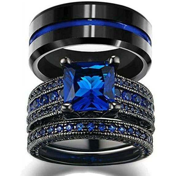 His and Hers Wedding Ring Sets Couples Rings Women 10K Black Gold Filled Blue Cz Wedding Engagement Ring Bridal Sets Men's Stainless Steel Wedding Band