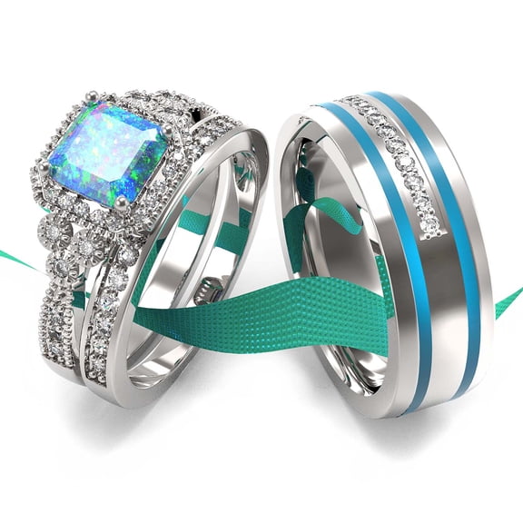 Wedding Ring Sets His And Hers Couples Women 925 Sterling Silver Blue Opal Man Titanium Wedding Bands