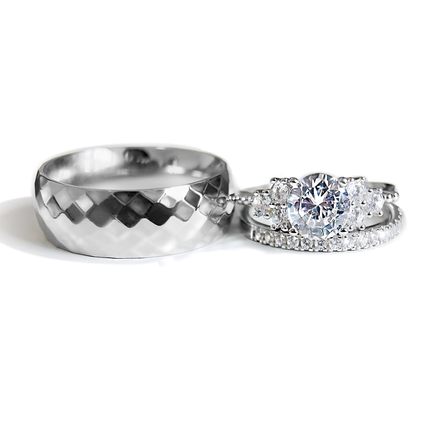 Wedding Ring Sets His And Hers Couples Women Diamond Sterling Silver