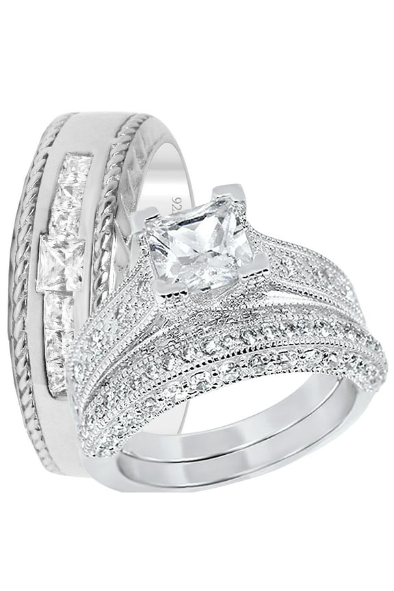His Her Wedding Set Couples Silver CZ Engagement Rings Bride Groom 5/11