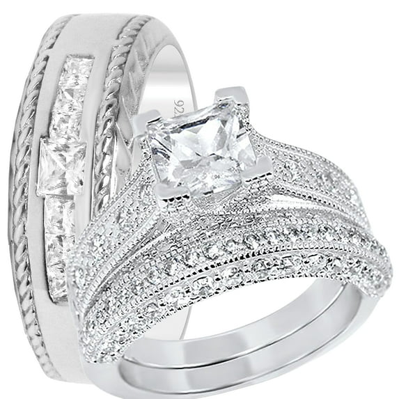 LaRaso & Co His Her Wedding Set Couples Silver CZ Engagement Rings Bride Groom 7/13