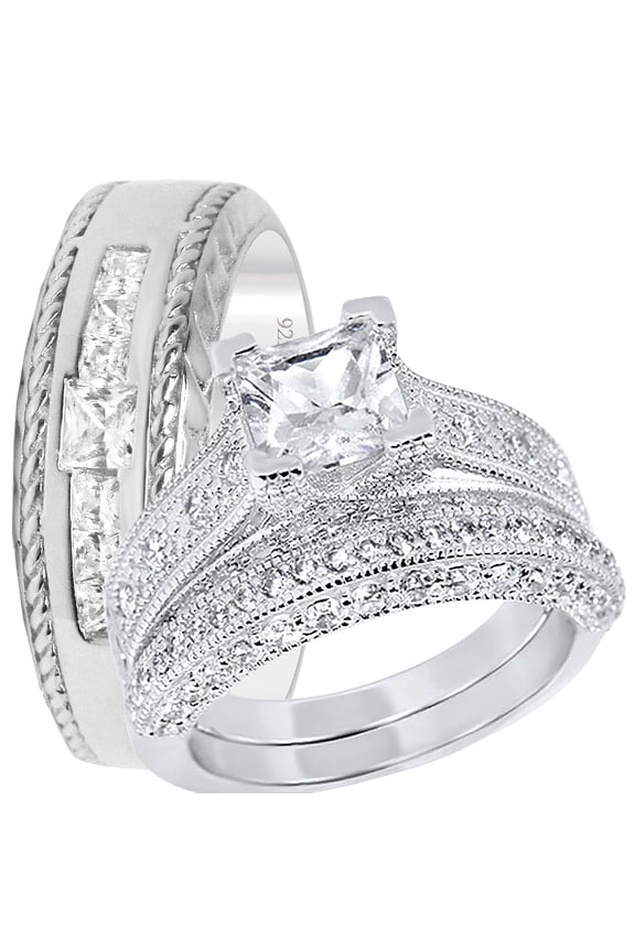 His Her Wedding Set Couples Silver CZ Engagement Rings Bride Groom 8/10