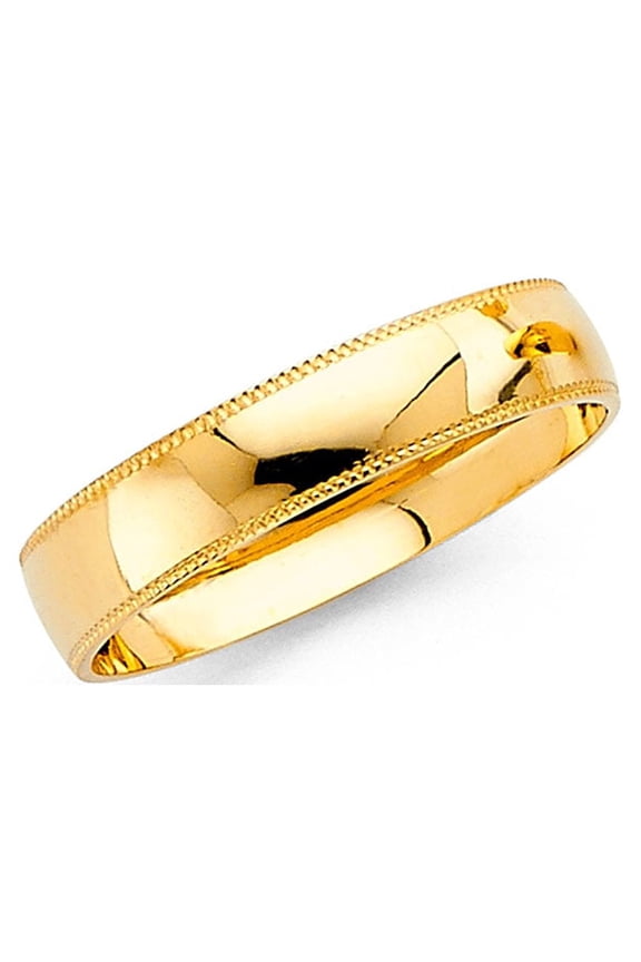 Wedding Ring Solid 14k Yellow Gold Band Milgrain Edges Plain Dome Polished Style Mens Womens 4 mm Size 5.5
