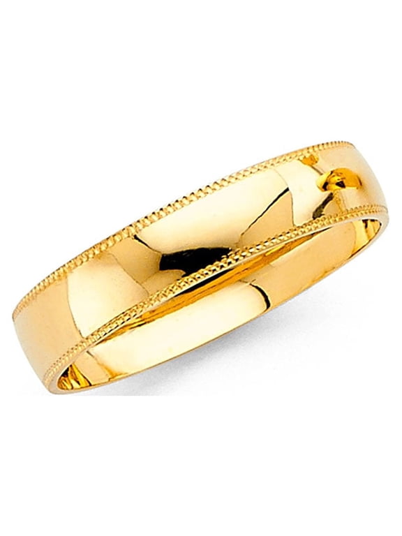 Wedding Ring Solid 14k Yellow Gold Band Milgrain Edges Plain Dome Polished Style Mens Womens 4 mm Size 9