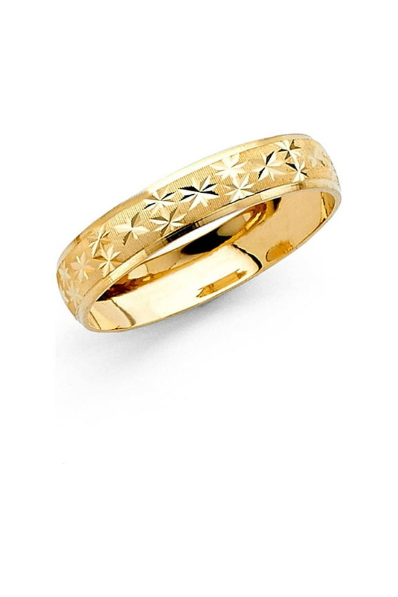 Wedding Ring Solid 14k Yellow Gold Milgrain Band Diamond Cut Star Mens Womens Dome Satin Finish 4 mm Size 7.5