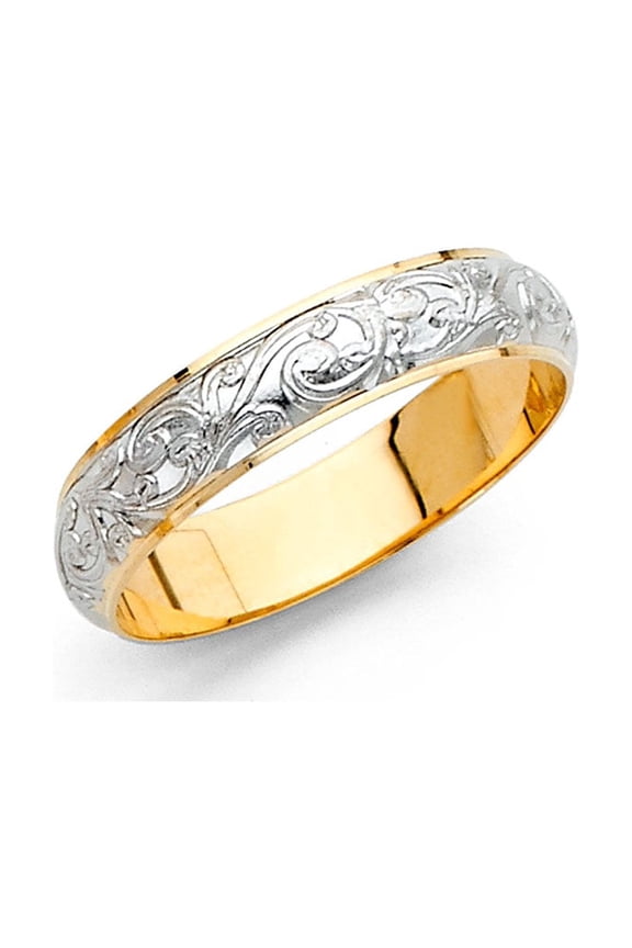 Wedding Ring Solid 14k Yellow White Gold Band Filigree Dome Curve Two Tone Style Men Women 4 mm Size 5