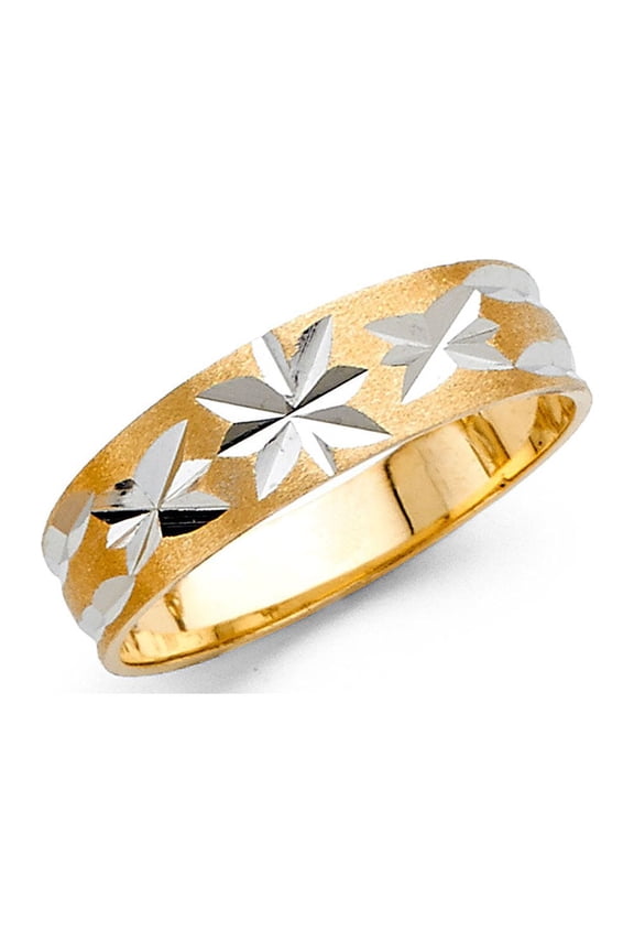 Wedding Ring Solid 14k Yellow White Gold Band Tapered Diamond Cut Polished Two Tone Style 6 mm Size 10.5
