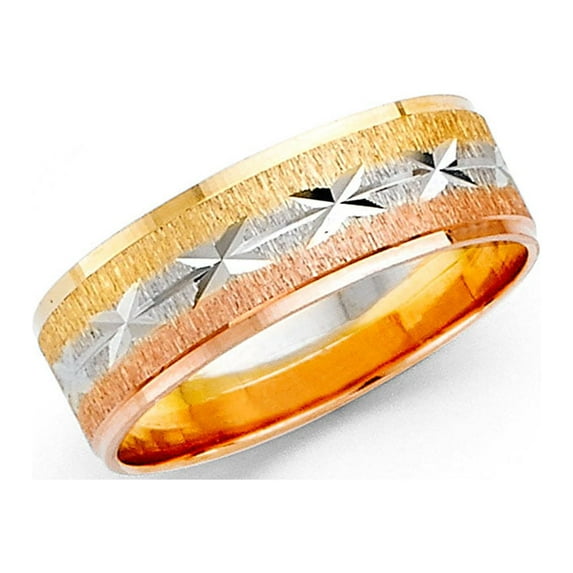 Wedding Ring Solid 14k Yellow White Rose Gold Band Diamond Cut Star Satin Finish Men Women 6 mm Size 7