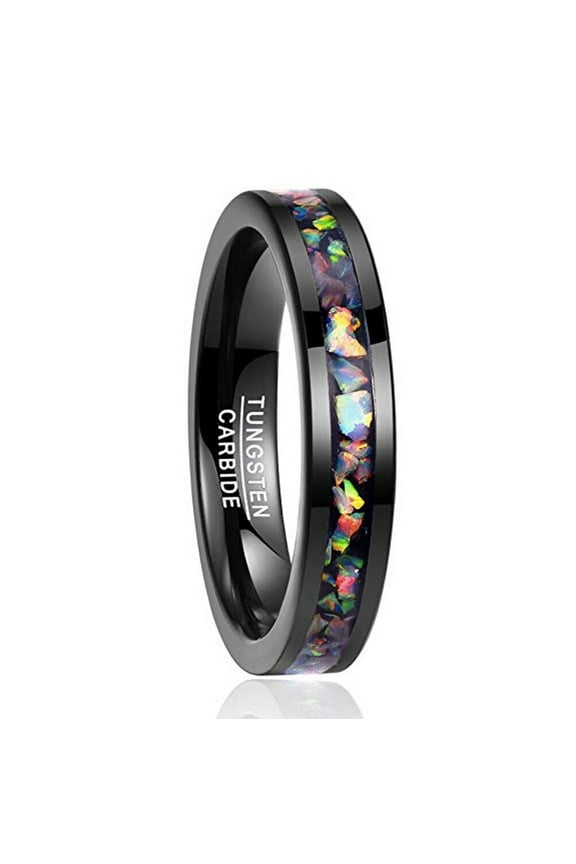 Wedding Ring Women 5mm Black & Rainbow Opal Inlay Tungsten Band.
