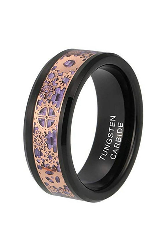 Wedding Ring for Men 8mm Black Tungsten Band Purple Inlay w Rose Gold Gears
