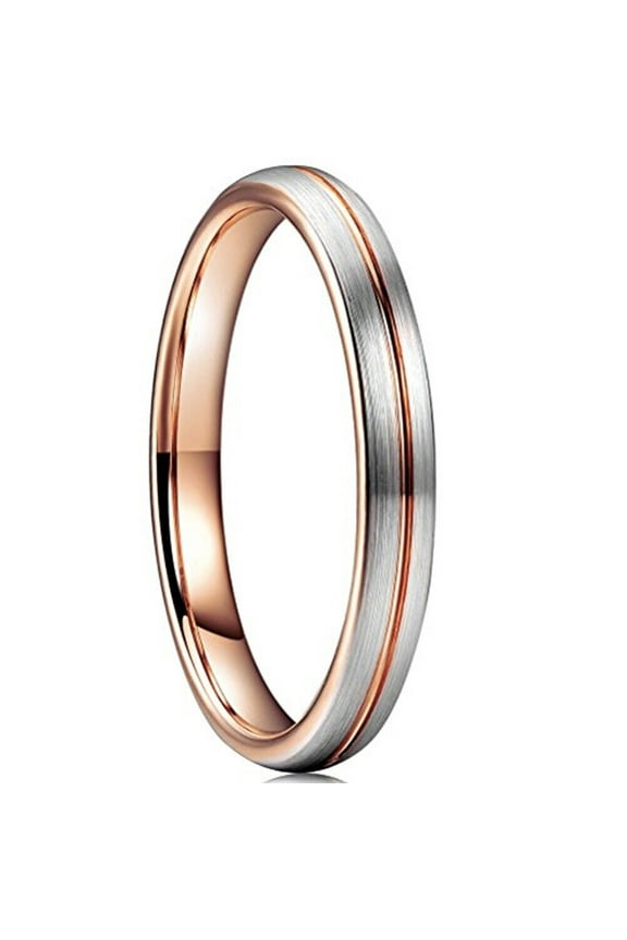 Wedding Ring for Women 3mm Silver Gray Tungsten Band w Rose Gold Groove Top