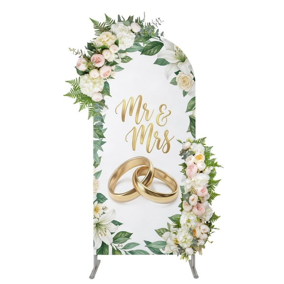Wedding Rings Arch Backdrop Cover 4 FT, Luxury Wedding Mr Mrs White Flowers Wedding Arch Cover Stretchy Backdrop Stands Covers for Birthday Party Ceremony Banquet Decor