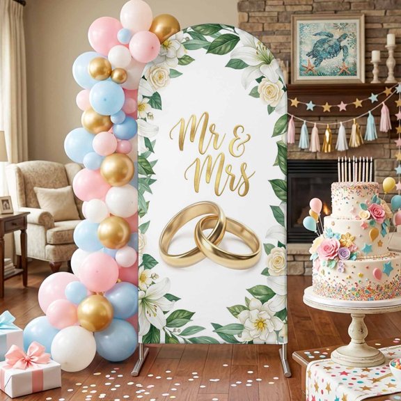 Wedding Rings Arch Backdrop Covers 4 FT, Luxury Wedding Mr Mrs White Flowers Stretchy Fitted Arched Stand Covers Party Arch Stand Cover Photo Booth for Wedding Birthday Decor