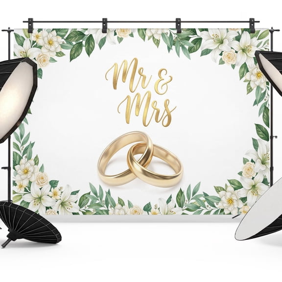 Wedding Rings Backdrops for Photography, Luxury Wedding Mr Mrs White Flowers Fabric Photo Background Sturdy Studio Props for Photo Studio, Video Recording, Booth & Photoshoot 7x5ft