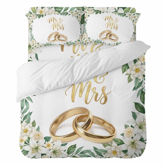 Wedding Rings Bedding Duvet Cover Set Queen Size 4 Pieces, Luxury Wedding Mr Mrs White Flowers Bedding Set with Zipper Closure, 1 Comforter Cover 90x90 Inches 1 Flat Sheet & 2 Pillow Cases