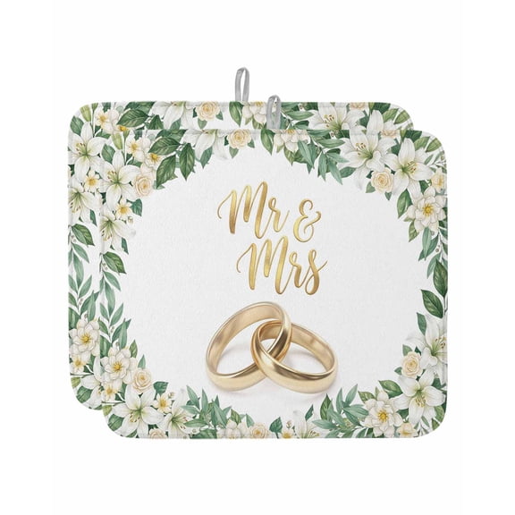 Wedding Rings Dish Drying Mat 16x18 inch Luxury Wedding Mr Mrs White Flowers Super Absorbent Microfiber Dish Drying Pad for Kitchen Countertops Sink Dish Drainer Racks Coffee Bar Mats 2 Pack