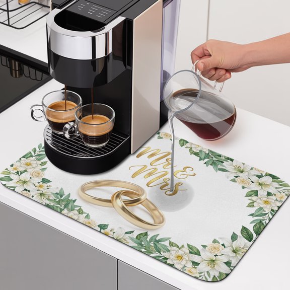 Wedding Rings Dish Drying Mats for Kitchen Counter, Luxury Wedding Mr Mrs White Flowers Absorbent Coffee Bar Mat with Non-slip Rubber Backed Quick Drying Dish Rack Pad 16"x24"