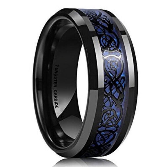 Wedding Rings For Men 8mm Black Celtic Tungsten Band w/ Blue Inlay Warranty