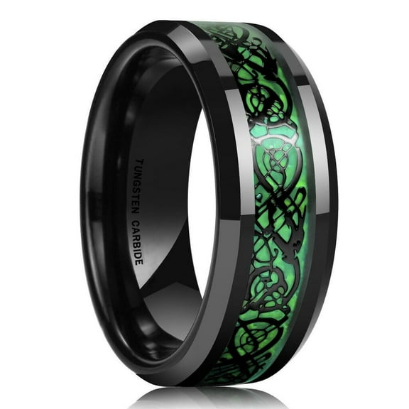 Wedding Rings For Men 8mm Black Celtic Tungsten Band w/ Green Inlay