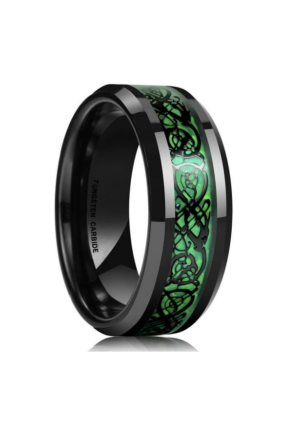 Wedding Rings For Men 8mm Black Celtic Tungsten Band w/ Green Inlay