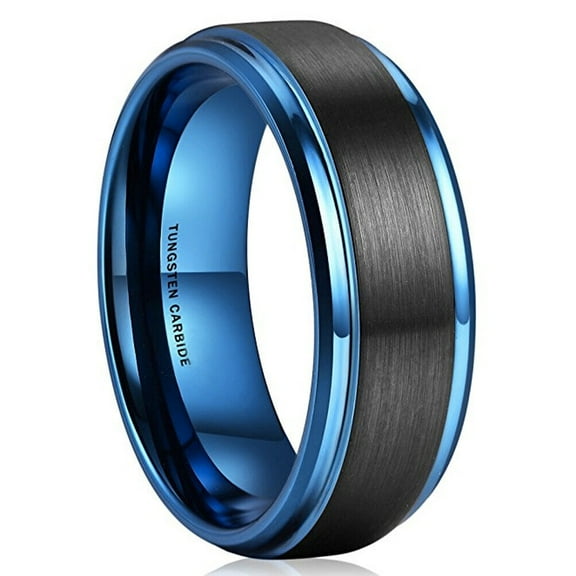 Wedding Rings For Men. 8mm Black Matte Tungsten Wedding Band w/ Blue Inlay