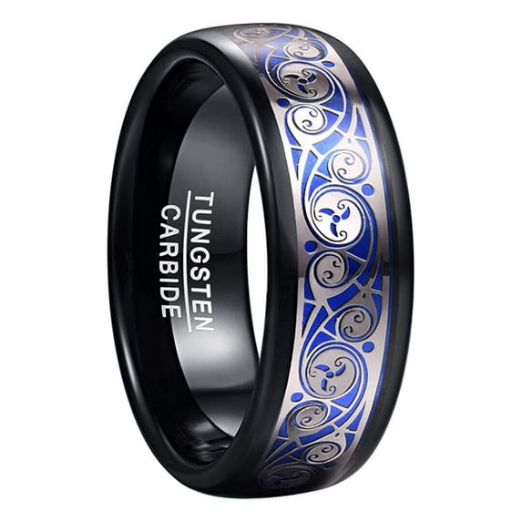 Wedding Rings For Men. 8mm Black Tungsten Band Silver Spiral & Blue Inlay