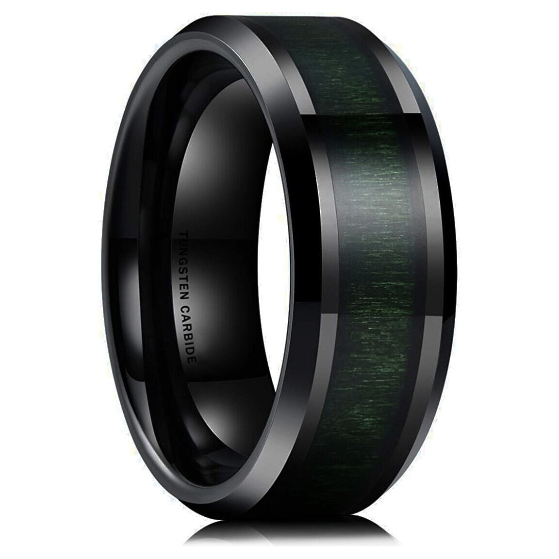 Men Mens Tungsten Wedding Band 8mm. Black w/ Ultra Dark Green Wood Inlay & Beveled. main image 1
