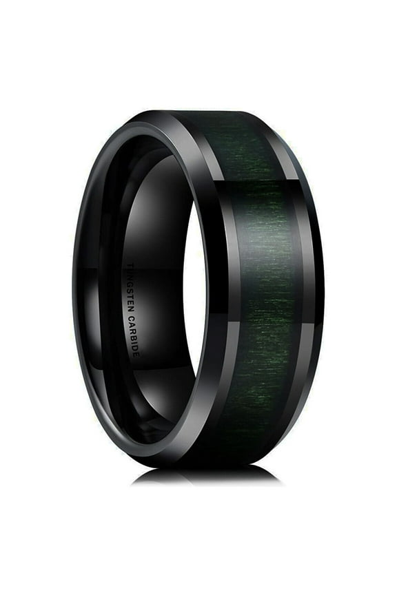 Wedding Rings For Men. 8mm Black Tungsten Band with Dark Green Wood Inlay