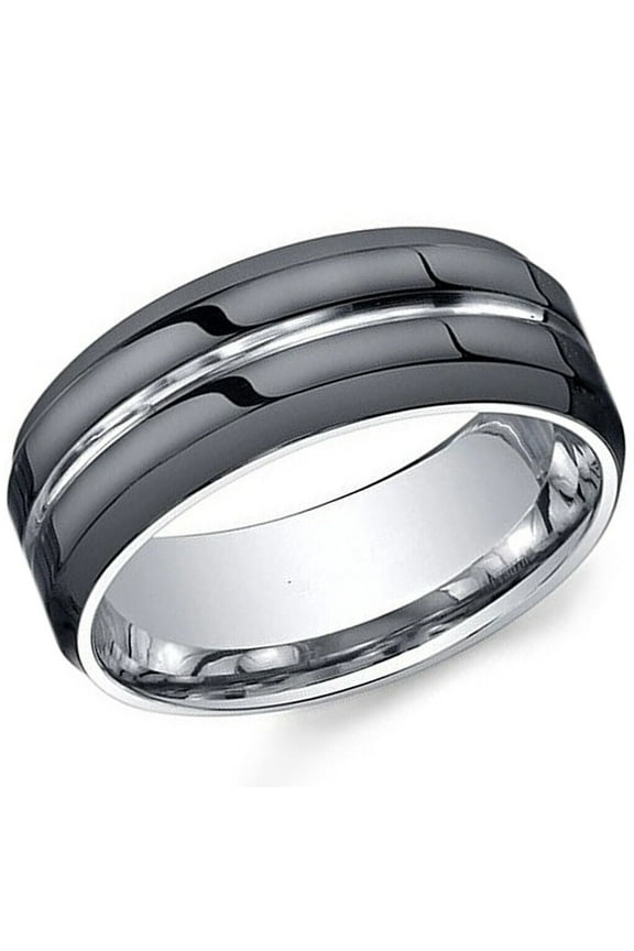 Wedding Rings For Men. 8mm Black Tungsten Wedding Band w Silver Groove Line