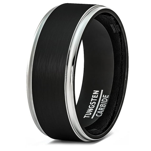 Wedding Rings For Men. 8mm Black Tungsten Wedding Band with Silver Edges